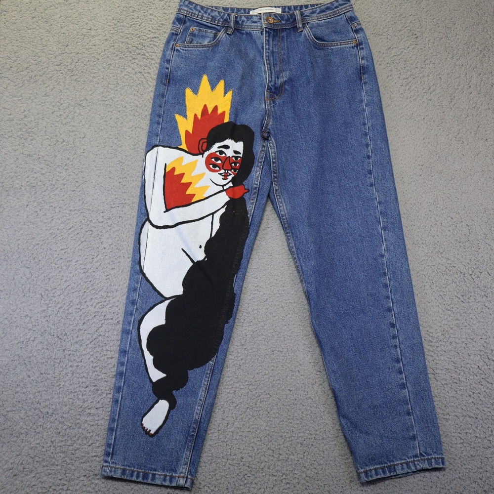 Zara Trafaluc Denimwear Graphic Print Blue Mom Jeans Size 6 High Rise Straight